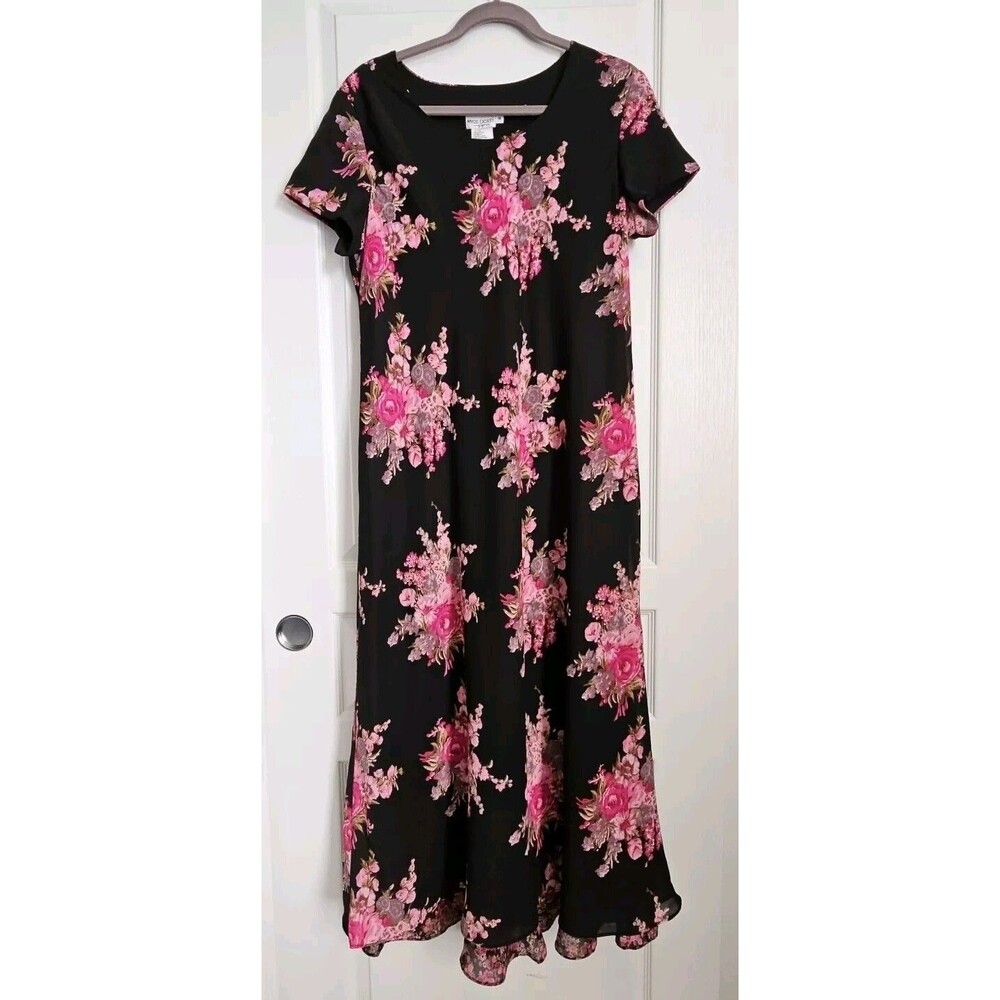 Vintage 90s Dark Romantic Floral Maxi Dress Black Pink Flowy Victorian Tea